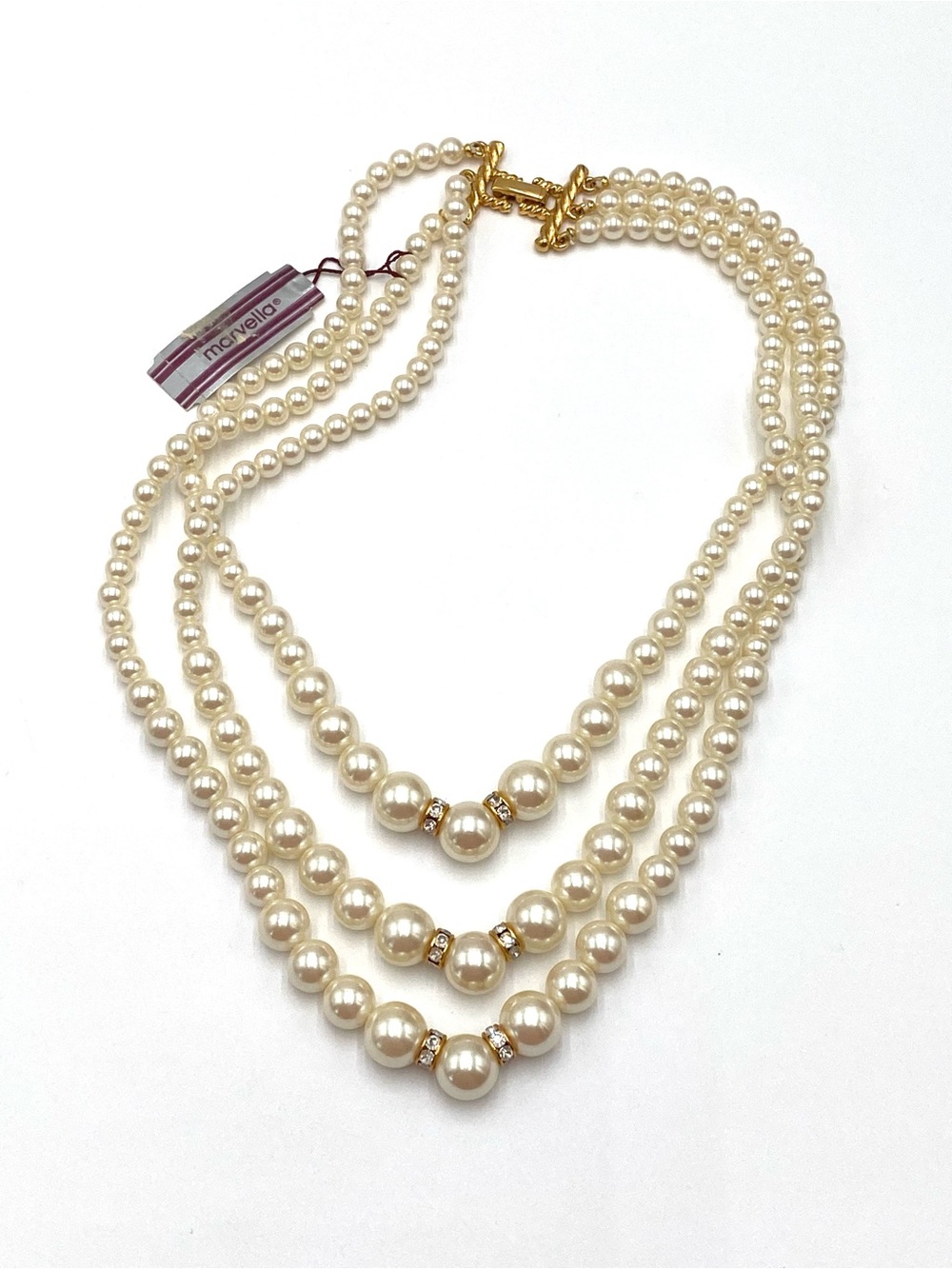 Marvella Necklace White Faux Pearls  Gold Tone Three Strands 18 Japan
